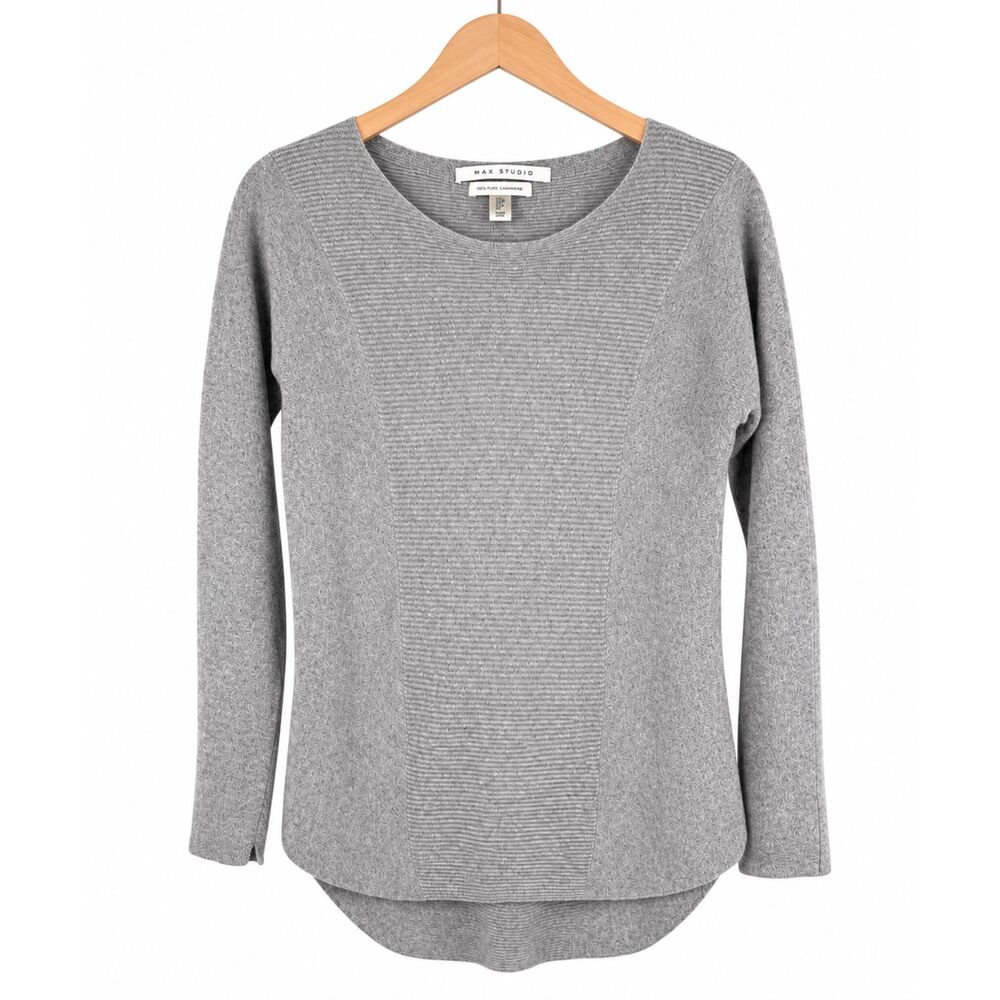 Max Studio Women's 100% 2-Ply Cashmere Gray Ribbed Sweater Small